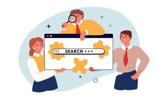 Business metaphor for search or research, development, web surfing and CEO concept. Search bars and Teamwokes. Flat vector illustration