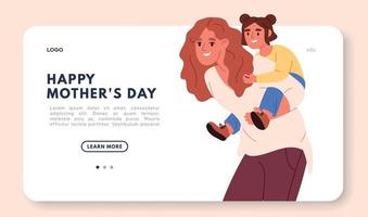 Happy Mothers day banner. Mom holds daughter in arms. Flat vector illustration