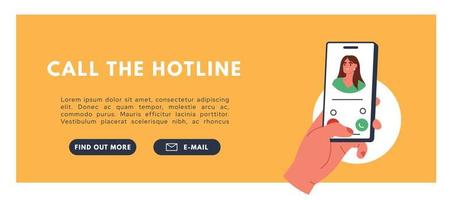 Call center, hotline. Banner with a phone in hand and a call. Flat vector illustration