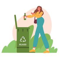 Recycling garbage bin concept. Woman taking out the garbage. Separate waste collection. Sorting, zero waste concept.Flat vector illustration