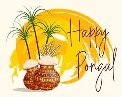 Festive Happy Pongal grunge background with sugar cane and pot of rice. Hindu harvest festival. Illustration, vector