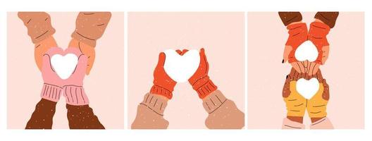 un juego de tres manos en mitones sostiene un corazón hecho de nieve. amor, día de san valentín. vector
