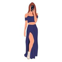 Beautiful young woman in a fashionable dress takes off herself on a smartphone. Hand drawn sketch. Vector illustration.