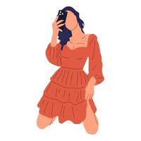 Beautiful young woman in a fashionable dress takes off herself on a smartphone. Hand drawn sketch. Vector illustration.