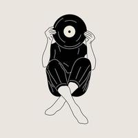 Girl holds an old vinyl record in her hands .Retro fashion style from 80s. Vector illustrations in black and white colors.