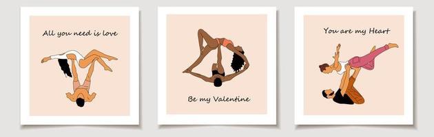 conjunto de tarjeta de san valentín con asanas de yoga para pareja yoga.boceto dibujado a mano vector