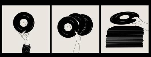 Set of three Hand holds an old vinyl record in her hands .Retro fashion style from 80s. Vector illustrations in black and white colors