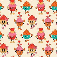 Seamless pattern with Retro set cupcake 30s cartoon mascots characters -. 40s, 50s, 60s old animation style.Valentine's Day cupcake style vector. Happy, smile emotions. vector