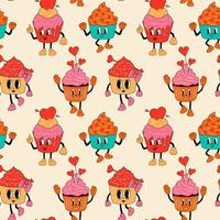 Seamless pattern with Retro set cupcake 30s cartoon mascots characters -. 40s, 50s, 60s old animation style.Valentine's Day cupcake style vector. Happy, smile emotions. vector