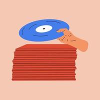 Hand holds an old vinyl record in her hands .Retro fashion style from 80s. Vector illustrations in trendy colors.