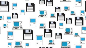 Seamless pattern endless computer with old retro computers, pc and vintage white hipster floppy disks from 70s, 80s, 90s isolated on white background. Vector illustration