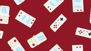 Seamless pattern endless with portable game consoles and joysticks, electronic toys old retro vintage hipster from 70s, 80s, 90s isolated on red background. Vector illustration