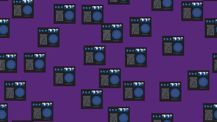 Seamless pattern endless with music audio dj consoles with vinyl old retro vintage hipster from 70s, 80s, 90s isolated on purple background. Vector illustration