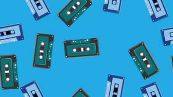 Seamless pattern endless with music audio cassettes old retro vintage hipster from 70s, 80s, 90s isolated on blue background. Vector illustration