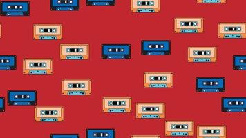 Seamless pattern endless with music audio cassettes old retro vintage hipster from 70s, 80s, 90s isolated on red background. Vector illustration