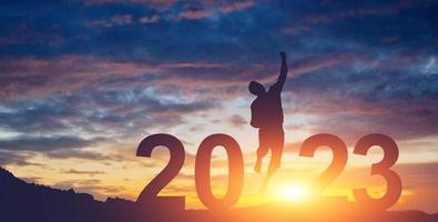 Happy New Year Background. Successful jump to the year 2023. photo