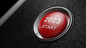 Start 2023. Happy New Year button. 3D illustration photo