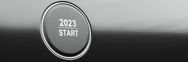 Start 2023. Happy New Year button. 3D illustration photo