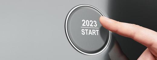 Start 2023. Happy New Year button. 3D illustration photo