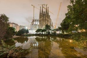 La Sagrada Familia illuminated at night, reflecting in the water. The cathedral was designed by Antoni Gaudi and has been under construction since 1882 in Barcelona, Spain, 2022 photo