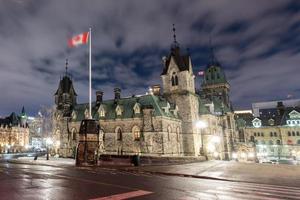 Parliament Hill and the Canadian House of Parliament in Ottawa, Canada during wintertime at night. photo