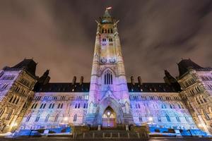 espectáculo de luces de vacaciones de invierno proyectado por la noche en la casa del parlamento canadiense para celebrar el 150 aniversario de la confederación de canadá en ottawa, canadá. foto