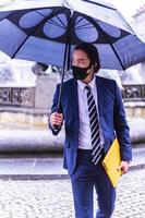 Cheerful Asian businessman in formal wear in the city photo