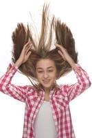 Profile photo of attractive model lady look demonstrate ideal neat long healthy hairstyle flying on air after lamination procedure