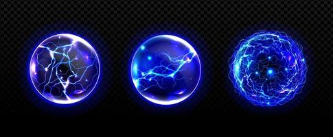 Energy balls with lightnings, power spheres set vector