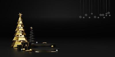 fondo 3d render navidad y año nuevo fondo de colores dorado y negro. Diseño 3d navidad y año nuevo fondo de lujo. feliz navidad y feliz año nuevo concepto. ilustración 3d foto