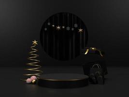 Background 3d render Christmas and new year gold and black colors Background. 3d design Christmas and new year luxury background. Merry Christmas and Happy New Year concept. 3D illustration photo