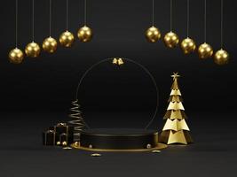Background 3d render Christmas and new year gold and black colors Background. 3d design Christmas and new year luxury background. Merry Christmas and Happy New Year concept. 3D illustration photo