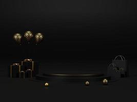 Background 3d rendering for Christmas and new year with gold and black colors Background. Gift box with balloon and circle podium on gold and black colors . 3D illustration background. photo