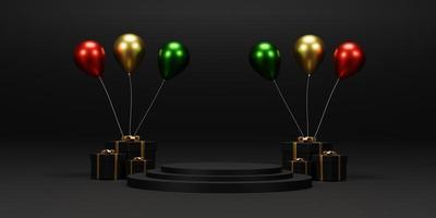 Background 3d rendering for Christmas and new year with gold and black colors Background. Gift box with balloon and circle podium on gold and black colors . 3D illustration background. photo