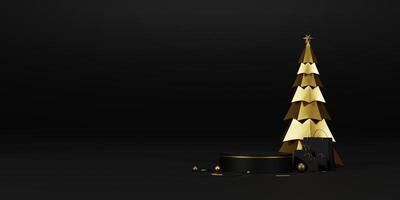 Background 3d render Christmas and new year gold and black colors Background. 3d design Christmas and new year luxury background. Merry Christmas and Happy New Year concept. 3D illustration photo