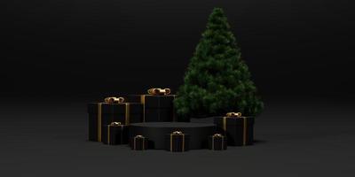 representación 3d de fondo para navidad y año nuevo con fondo de colores dorado y negro. caja de regalo, pino, copo de nieve y podio circular en colores dorado y negro. fondo de ilustración 3d. foto