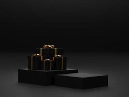 representación 3d de fondo para navidad y año nuevo con fondo de colores dorado y negro. caja de regalo y podio de cubo en colores dorado y negro. fondo de ilustración 3d. foto