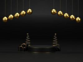Background 3d render Christmas and new year gold and black colors Background. 3d design Christmas and new year luxury background. Merry Christmas and Happy New Year concept. 3D illustration photo