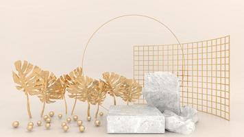 Geometric marble podium surrounded by golden spherical balls, gold leaves, and mesh panels on a cream background. Concept display for use in advertising media. 3d rendering photo