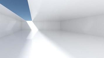 Empty room with white walls and openings on the ceiling overlooking the sky. There was a beam of light in the room. Showroom concept and warehouse. 3d rendering photo