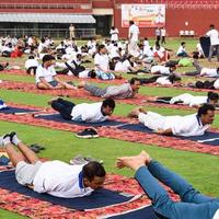 nueva delhi, india, 21 de junio de 2022 - sesión grupal de ejercicios de yoga para personas en el complejo deportivo yamuna en delhi el día internacional del yoga, gran grupo de adultos que asisten a clases de yoga en el estadio de cricket foto