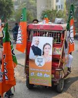 delhi, india, 02 de diciembre de 2022 - partidario del bjp del partido bharatiya janata durante el mega road show en apoyo del candidato del bjp, pankaj luthara, para presentar documentos de nominación antes de las elecciones del organismo local mcd 2022 foto