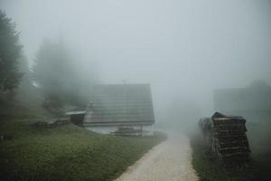 Gravel path between the mountain huts during the misty morning with the heap of wood along photo