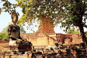 Travel to Ayutthaya, Thailand. The ruins of ancient city with statue of Buddha. Ayutthaya Historical park. photo