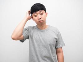 Man sleepless dark circle under his eyes gesture scratch head photo