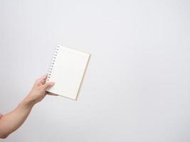 Hand holding diary blank page isolated photo