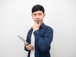 Handsome man holding tablet gesture confident portrait photo