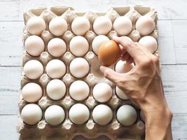 Hand holding egg on group duck eggs in carton box on white wood table with nature shadow and light difference concept idea photo