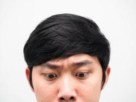 Close up face asian man looking down portrait head shot photo