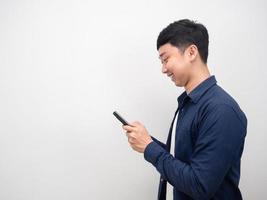 Side view of man using smart phone happy emotion copy space photo